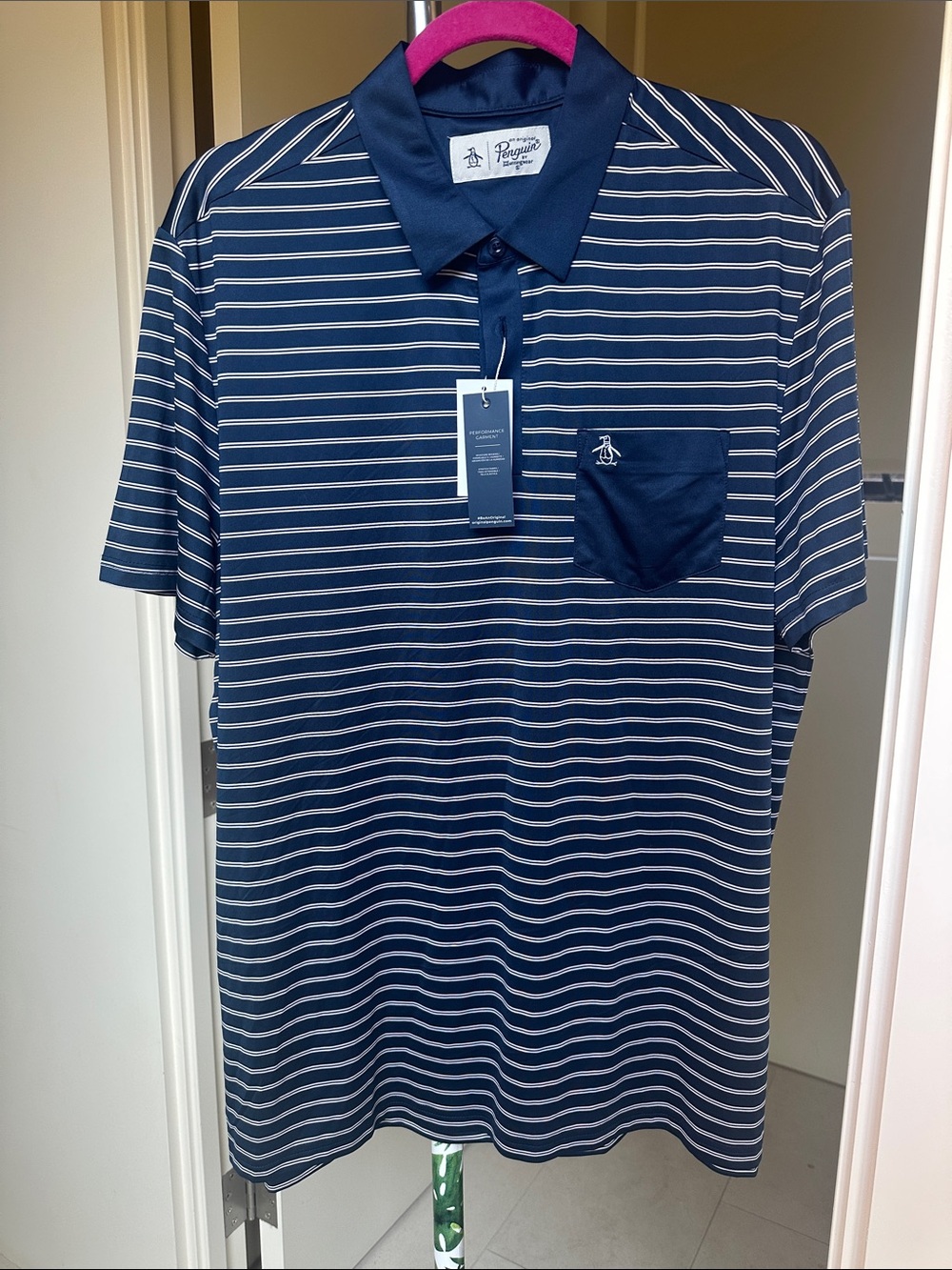 Original Penguin Navy and White Striped Polo with Chest Pocket